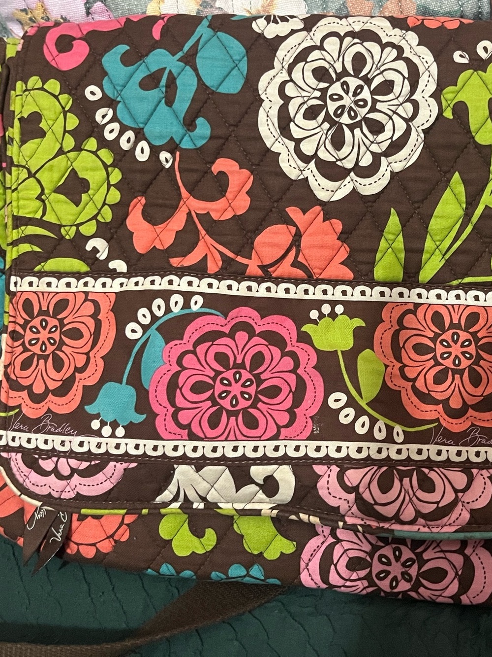 Vera Bradley Quilted Floral Tote in Brown with Pink, Green & Turquoise Accents